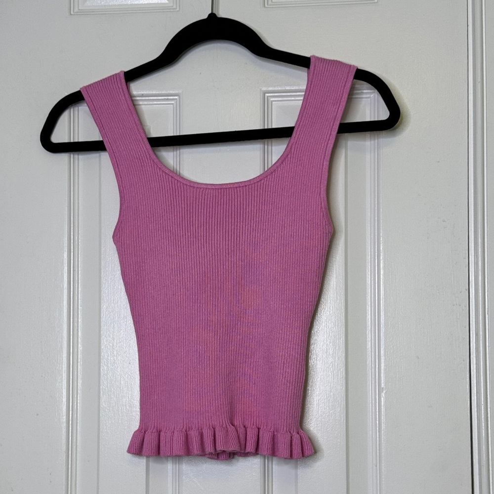 💞 The Workshop Pink Ribbed Knit Ruffle Hem Tank Top Thick Stretch Sweater XS-M